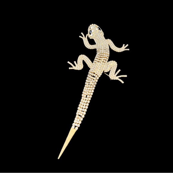 Vintage Articulated Pave’ Rhinestone Gold Toned Lizard Gecko Shoulder Brooch - Picture 2 of 16